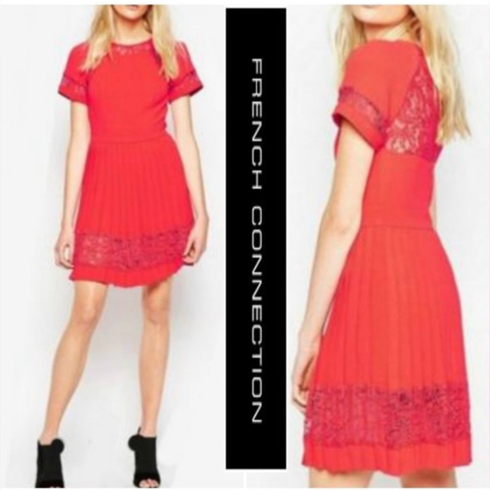French Connection dress size 8 bright red whisper‎ lace open back dress ❤️